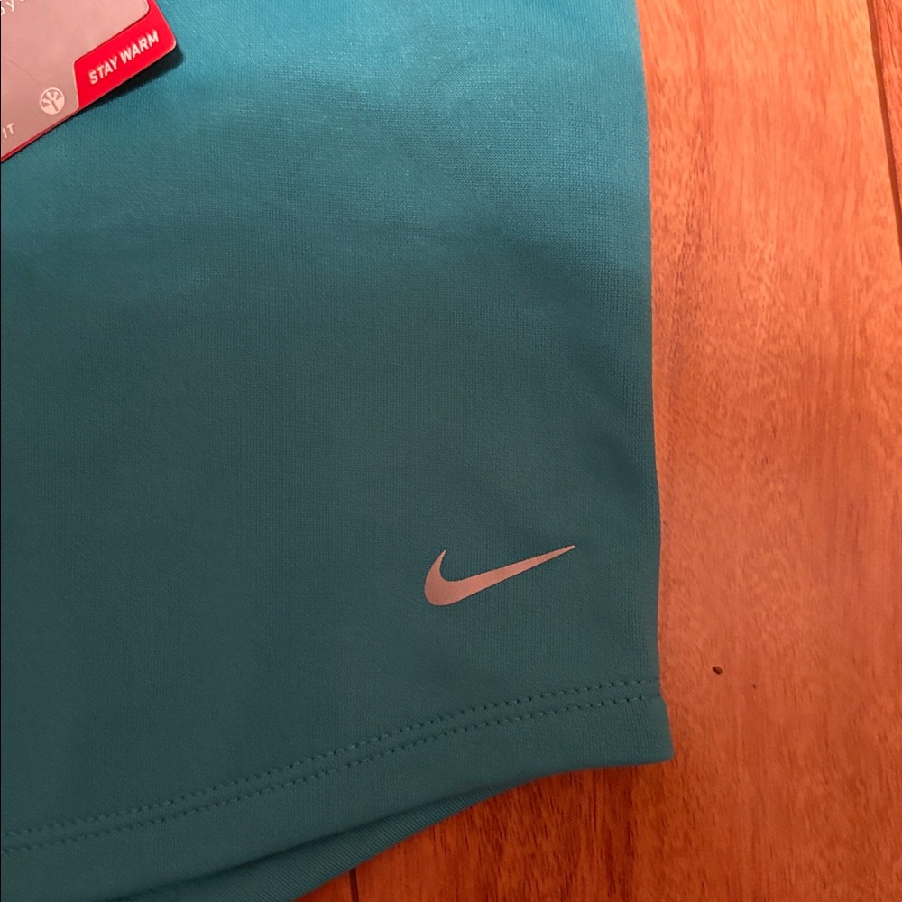 NWT Nike Dri-Fit Running funnel neck aqua sweatshirt, women’s size L. Logo. - Picture 3 of 11
